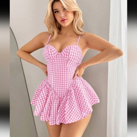 Mini Dress With Strappy Gingham Print, Spaghetti Strap Bustier Corset W - Picture 3 of 4